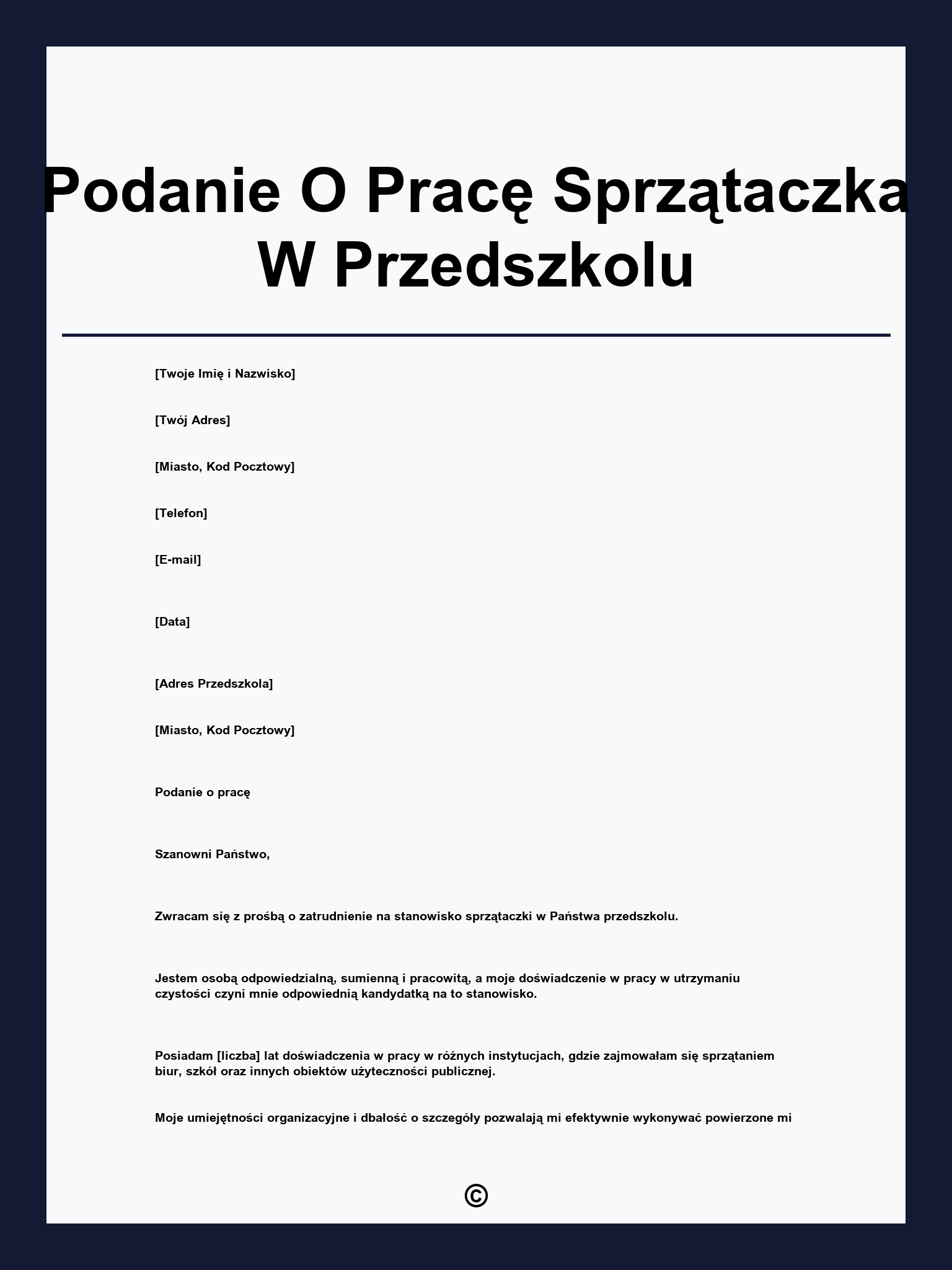 Podanie O Pracę Sprzątaczka W Przedszkolu