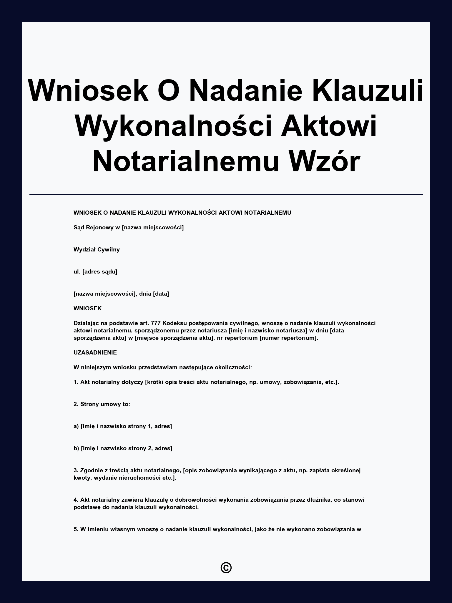 Wniosek O Nadanie Klauzuli Wykonalności Aktowi Notarialnemu Wzór