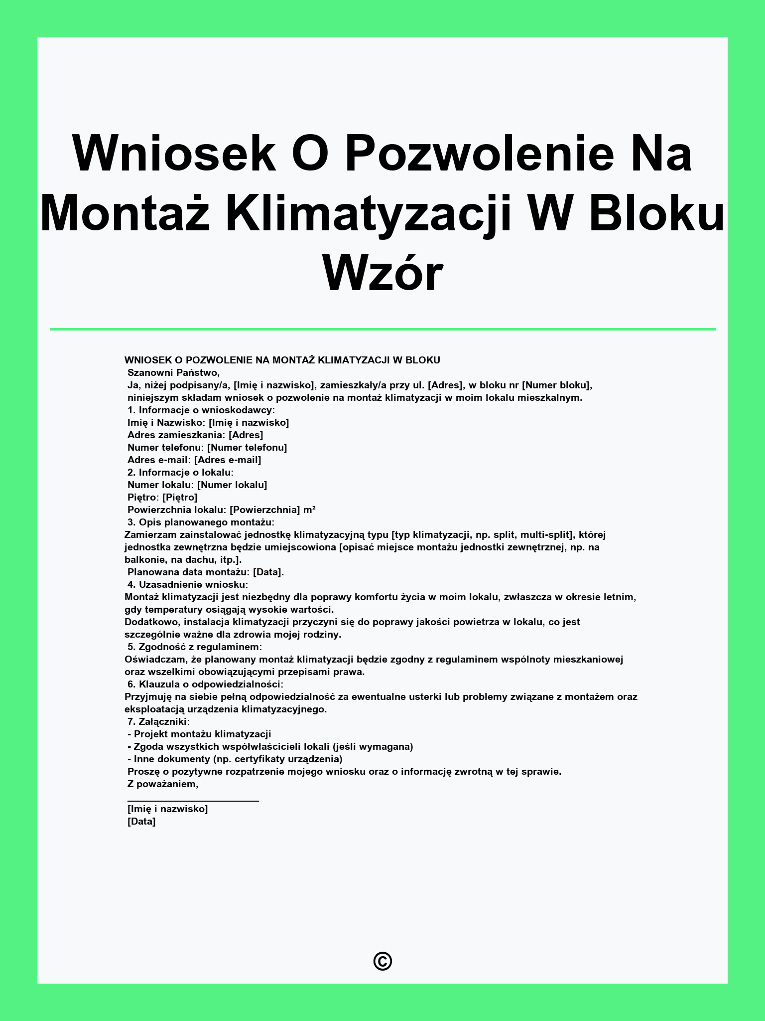 Wniosek O Pozwolenie Na Montaż Klimatyzacji W Bloku Wzór